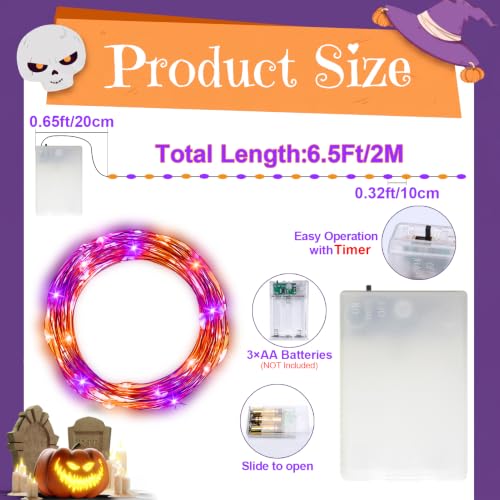 Halloween Fairy Lights with Timer - Battery-operated Mini LED String Lights, Orange & Purple, 6.65Ft, 1 Pack