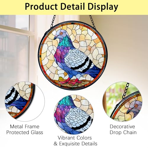 Stained Glass Bird Sun Catcher - Pigeon Window Decor with Metal Frame, 7.9 Inches