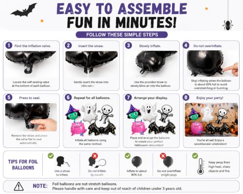 Halloween Foil Balloon Set - Cute Ghost Skeleton Witch Bat Monster Party Decorations
