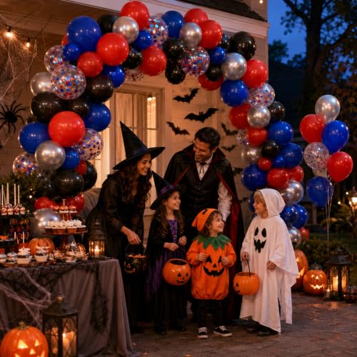 Red Blue Black Silver Balloons Set - 60PCS Party Decorations with Confetti Balloons & Ribbon