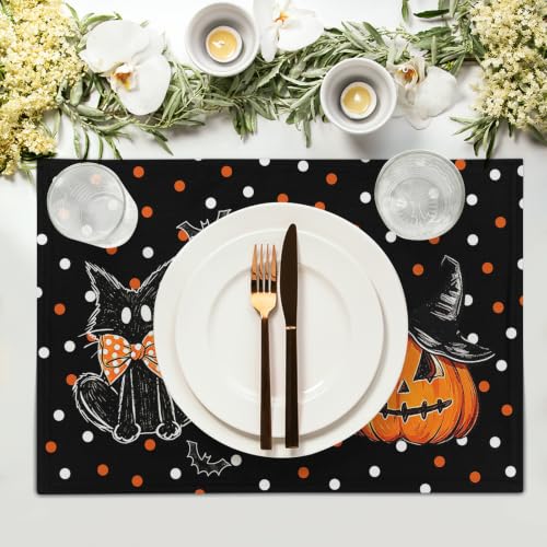 Halloween Placemats Set of 4 - Black Cat Pumpkin Ghost Bat Linen Table Mats - Heat-Resistant & Washable
