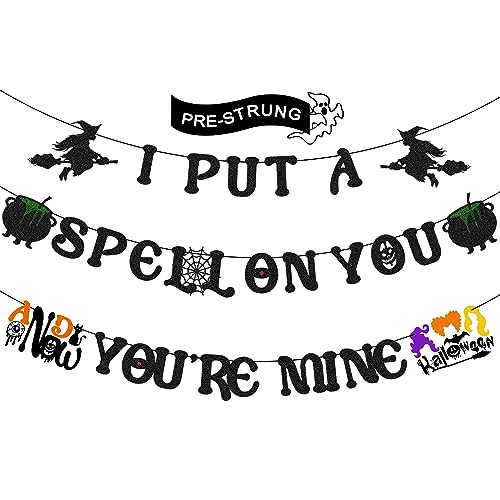 Halloween Banner Decor - I Put A Spell On You & Now You Are Mine Garland, Witch & Bat Halloween Decorations