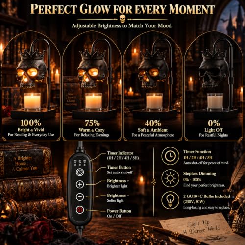 Gothic Skull Candle Warmer Lamp with Timer & Dimmer - Adjustable Height, Flameless Wax Melter