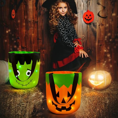 Halloween Candy Buckets with LED Lights - 2 Pack, Orange & Green Trick or Treat Baskets