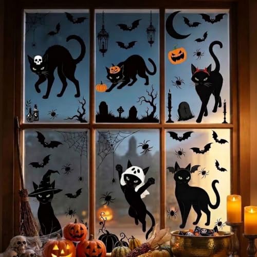 Halloween Window Clings Black Cat Decals Set - 6 Sheets, 50 Pcs Spooky Decor