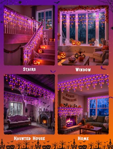 Halloween Icicle Lights Outdoor - 300 LED Purple & Orange, 32ft, 8 Modes, Connectable