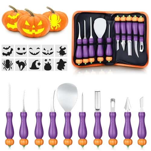 Halloween Pumpkin Carving Kit - 10-Piece Stainless Steel Tools with Stencils - Purple Variation