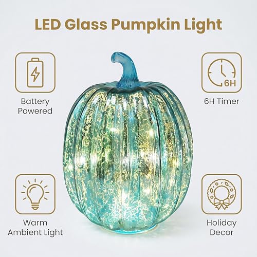 Mercury Glass Pumpkin Lights with Timer - Blue Fall Decor for Home