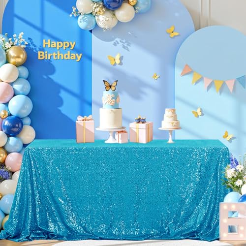 Turquoise Sequin Tablecloth 50x80 Inch for Weddings & Events - Sparkly Party Decor