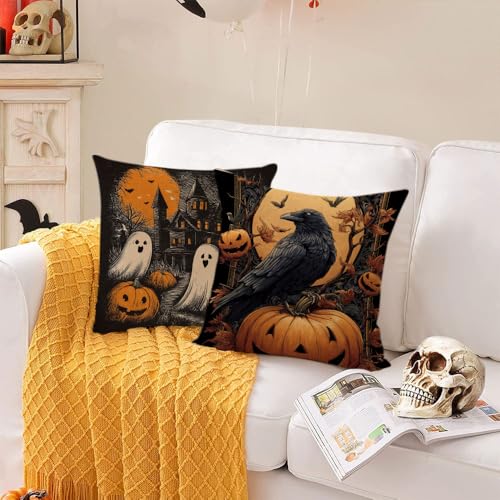 Halloween Pillow Covers 20x20 Set of 4 Ghost Pumpkin Spider Web Decor - Black Cat & Crow Design - Variation 28