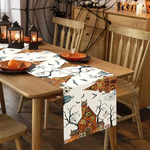 Artscope Halloween Table Runner - Orange Spooky Haunted House Tree Design, 13x36 Inches - Fall Home Decor