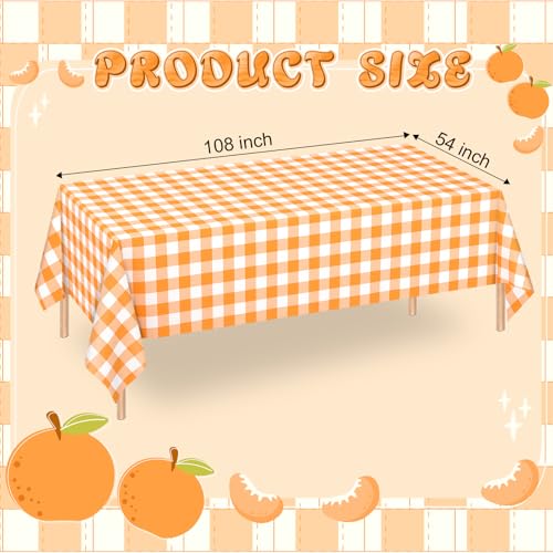 Orange and White Gingham Waterproof Disposable Tablecloths - 6 Pack, 54x108 Inches, Party, Picnic, Wedding