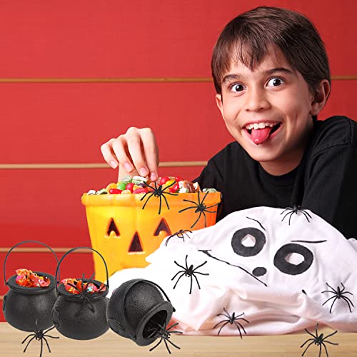 Mini Black Cauldron Candy Buckets with Spiders Halloween Decor 6pcs