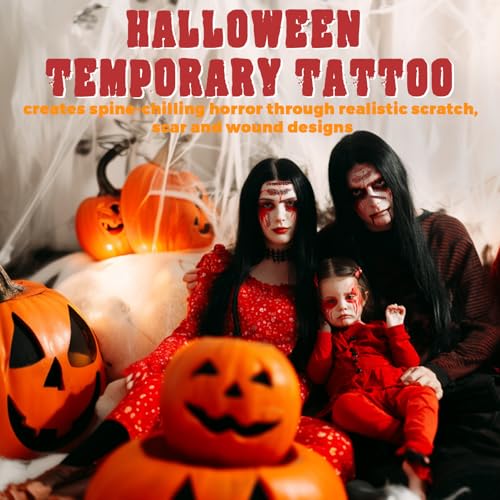 Halloween Horror Face Tattoos Set 6 Pcs with Removal Tape - Scary Wound & Scar Designs - Variation of Halloween Horror Set 2