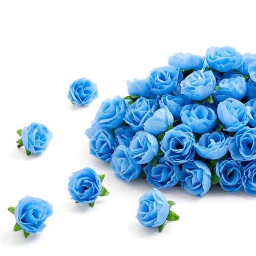 Light Blue Artificial Rose Heads 1.3 Inch Mini Fake Flowers for DIY Decor - 100Pcs
