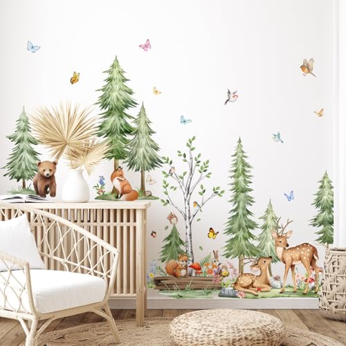 Woodland Tree Fall Pine Tree Wall Stickers with Forest Animals - Removable Home Decor