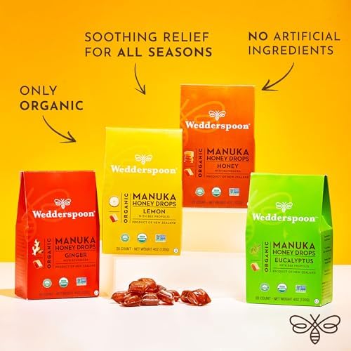 Wedderspoon Organic Manuka Honey Drops - Cherry Flavor with Bee Propolis & Echinacea | 20 Count, USDA Organic