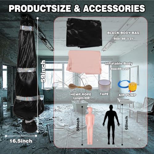 Black 5ft Hanging Corpse Dummy Prop for Halloween Decorations - Creepy Crime Scene Inflatable Body with Accessories