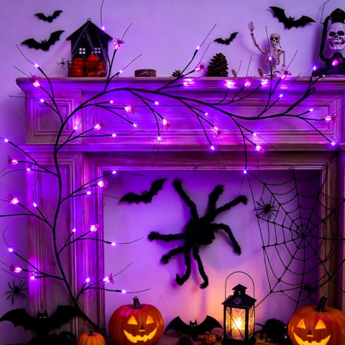 Halloween Spider Willow Vine Lights - 54 LED Purple Decor with Spider - Light with Spider Variation