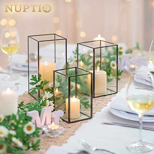 Glass Hurricane Candle Holders Set - Black Metal Rectangular Vases, 3 Sizes, 9.5, 8.1 & 6.5 Inch (Variation of THIS listing)
