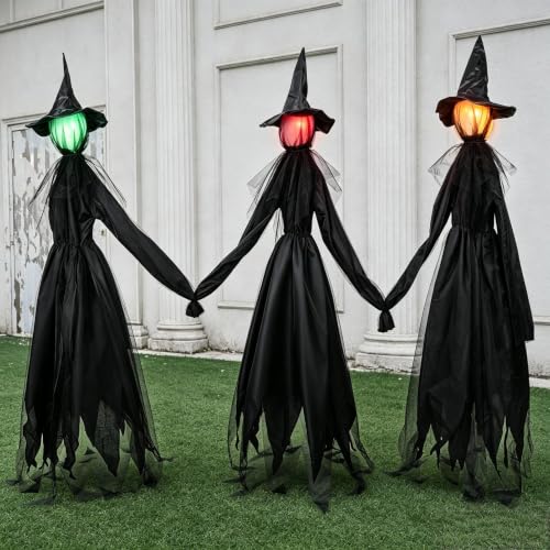 Halloween Witch Yard Decorations with Multicolor Light-Up Heads - Set of 3