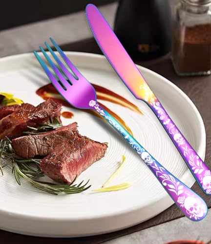 Halloween Skeleton Silverware Set - Rose Gold Flatware for 4 with Skull & Flower Design