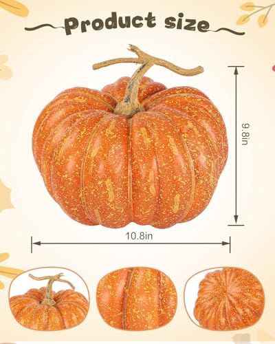 Large Artificial Pumpkin - Rustic Orange Foam Decor with Hand-Painted Details - Round 10.8 Inch Variation