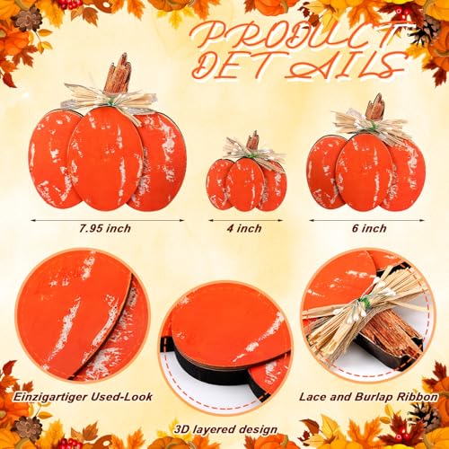 Rustic Fall Wooden Pumpkin Decor Set - 3 Pcs Tabletop Autumn Decorations - 4, 6, 8 Inches with Distressed Finish & Raffia Bows