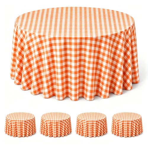 Orange Gingham Round Tablecloth 84 Inch - 4 Pack, Disposable Plastic Cover - Variation of Orange Checkered Round / 84"