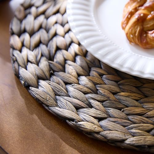 Black Woven Wicker Placemats Set of 6 - 13.8 Inch Round Water Hyacinth Table Mats