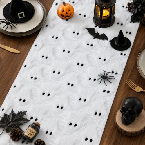 Halloween Table Runner 13x36 Inch Faux Fur Ghost Table Decor for Holiday Dining - White Ghost Variation