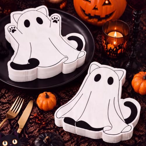 Halloween Ghost Cat Napkins - 100 Disposable 2-Ply Party Tableware