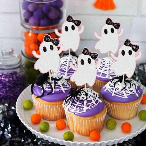 Pink Glitter Ghost Cupcake Toppers Halloween Party Decorations 24 Pack