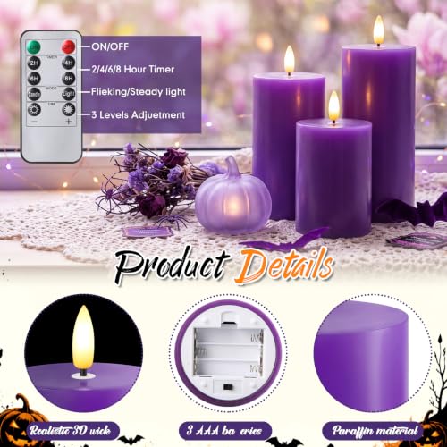 Set of 3 Purple Flameless Real Wax LED Pillar Candles with Remote Control