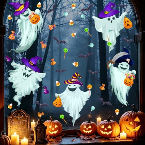 Halloween Window Clings Spooky Ghosts Bats Witches Decals for Glass - Variation: Ghosts