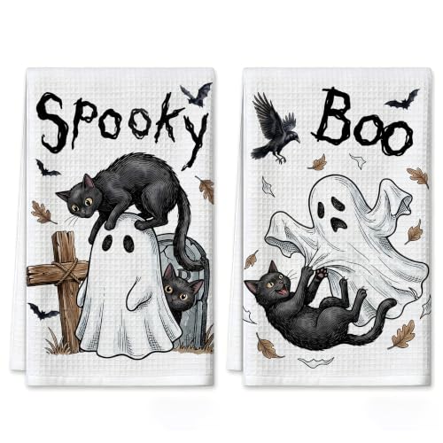 Halloween Kitchen Towels Spooky Ghost - Waffle Weave Decor & Practical Dish Cloths