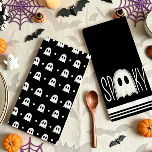 Black Halloween Kitchen Towels Set of 2 18x26 Inch Ghost Decoration