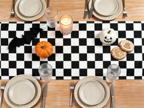 Black and White Halloween Gingham Table Runner - 13 x 72 Inch - QueenDream