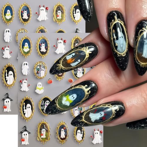 Halloween Ghost Nail Stickers Set - Gold Spider Web Design & Embossed Pumpkin, 4 Sheets with Variation - DIY Nail Art Decorations