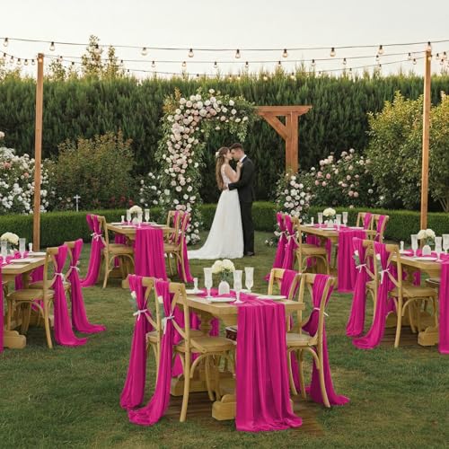 10ft Long Magenta Chiffon Table Runner Set of 12 with Satin Ribbon Ties for Weddings