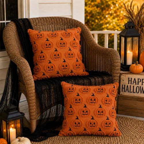 Halloween Pillow Covers 16x16 Set of 2 - Rust Red Pumpkin Tufted Decor
