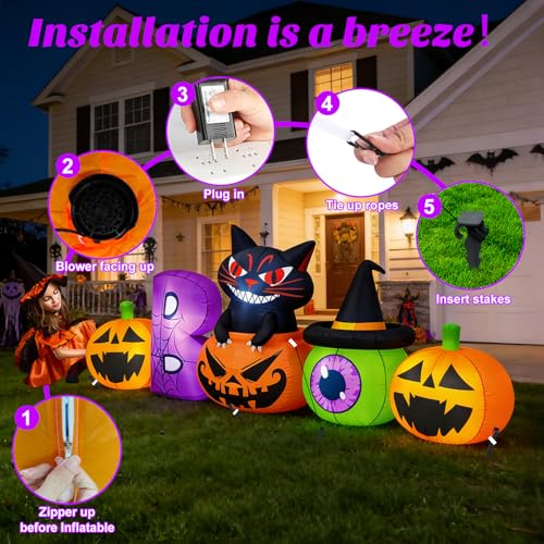 Colorful 8FT Halloween Inflatable Pumpkin with Black Cat Yard Decor