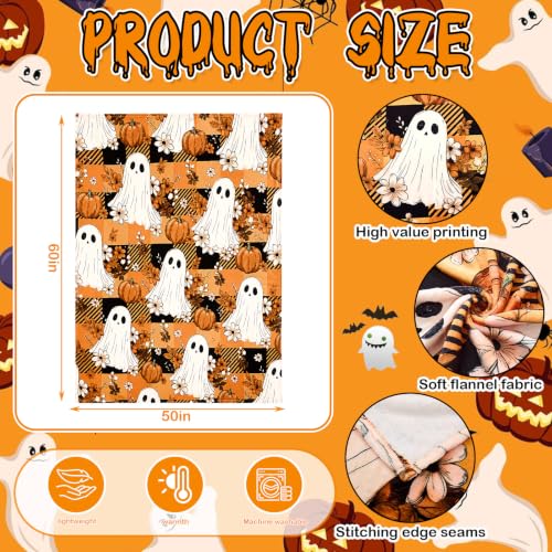 Halloween Throw Blanket 50x60 Inches - Orange Plaid Ghost Pumpkin Fleece Cozy Decor