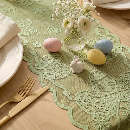 Egg Bowknot Green Lace Jacquard Table Runner 13x72 Inch for Easter Home Decor