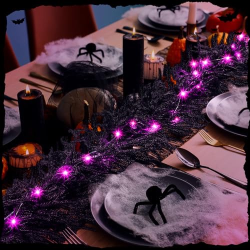 Halloween Black Leave Garland with Lights 6ft Indoor Outdoor Decor