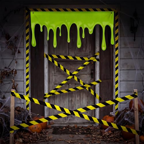 Halloween Green Slime Pattern Door Banner with Caution Tape Set | Eerie Party Decor