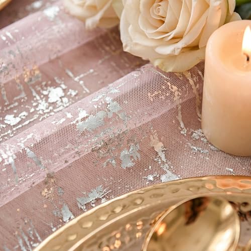 Pink Silver Gauze Table Runner 28 x 120 Inch Sheer Glitter for Wedding & Party Decor