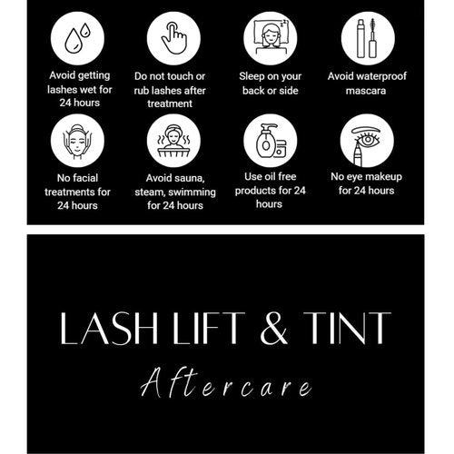 Lash Lift and Tint Aftercare Card | 50 Pack | 2x3.5 Inch Business Card Size | Lash Lift and Tint, Black & White Simple Design with Illustration & Instruction
