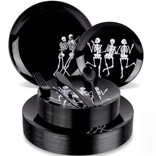Black Halloween Disposable Plates for Party - Skeleton Design, 125 pcs