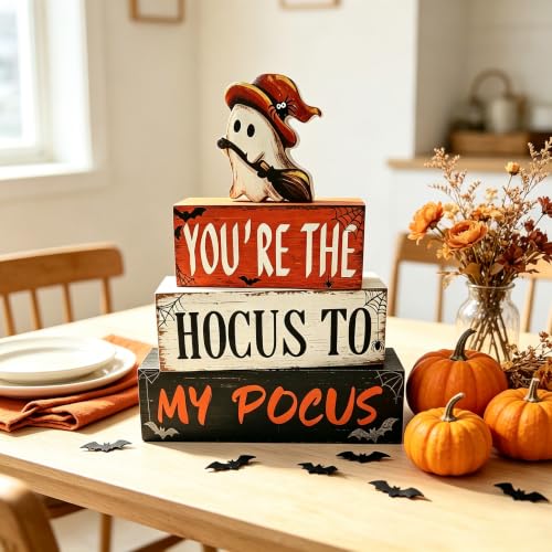 Halloween Wooden Tiered Block Decor Set - Spooky Ghost Witch & Puns for Indoor Party